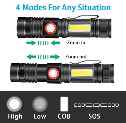 Rechargeable Tactical Flashlight With USB Magnetic Mount 4 Models Zoomable LED Beam COB Side Light Waterproof Handheld Torch