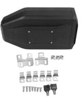 Heavy Duty ABS Motorcycle Side Toolbox Featuring Rugged Stainless Steel Brackets, with mounting hardware and keys, top view.