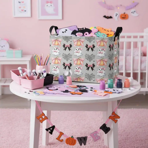 Dope Boo Halloween Basket For Kids With Pink Bow Glowing Ghost Canvas Trick Or Treat Tote Sweet Candy Storage Bin on table with crafts.