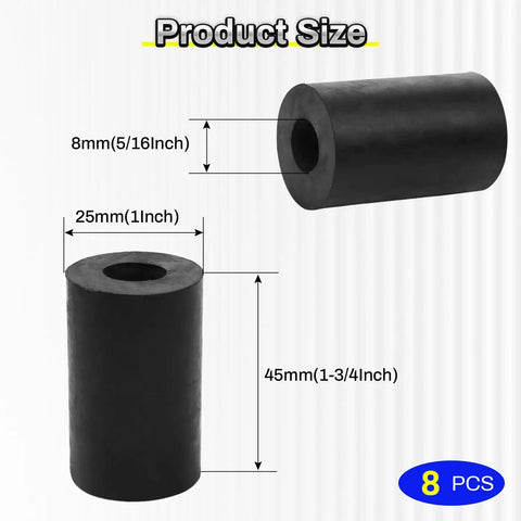Heavy Duty Eight Piece Rubber Spacers Rig Ready Anti Vibration Pads For Auto And Marine Rigs Thick Black Washers 45mm tall.