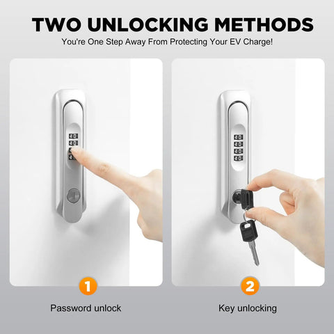Two unlocking methods for Top Shelf EV Charger Protection Box Built Tough For Indoor And Outdoor Use All Weather Wall Mount Case.