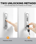 Heavy Duty EV Charger Protection Box With Rock Solid Combo Lock showing password and key unlocking methods.