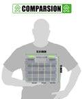 Silhouette holding Double Sided 34 Compartments Tool Organizer Box With Clear Lid Removable Dividers For Hardware Screws Bolts Nails Beads Jewelry And Fishing Gear Green Two Pack dimensions shown.