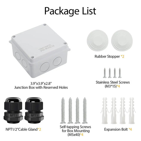 Package list showing IP65 Weatherproof Outdoor Electrical Junction Box Enclosure with included accessories.