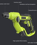 Built Tough Cordless Drill Hammer Screwdriver Industrial Power Tool Combo Set Featuring Three Mode Switches with soft rubber handle and stainless steel chuck.