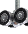Four Wheel Trolley Assembly for Box Rail Hanger System with Silent Stable Rollers and M12 Bolts, close-up view