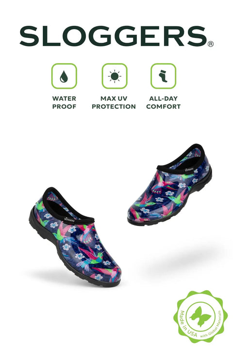Women's Waterproof Rain Kicks Slip-On Garden Clog With Heavy-Duty Arch Support And All-Day Cushy Comfort For Busting Through Puddles And Tackling Yard Chores In Light Blue Bee Print in floral design.