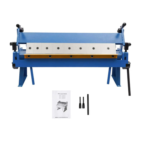 Heavy Duty 24 Inch Pan And Box Sheet Metal Brake With Removable Fingers For Precise Bends, front view with accessories.