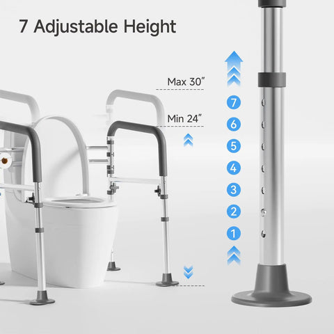 Built To Last Adjustable Toilet Safety Frame For Seniors And Adults With Quick Resize Height Bars with measurement markings.