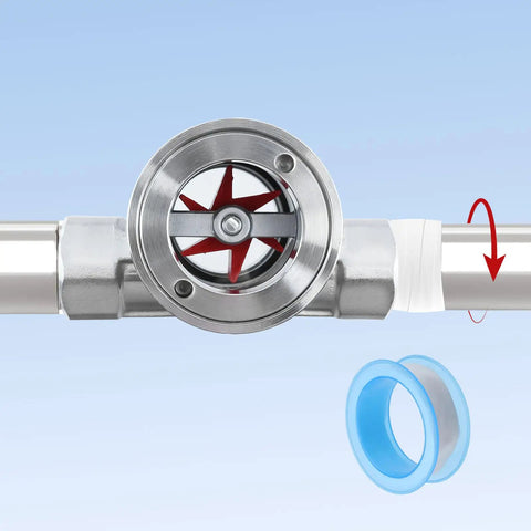 Half Inch NPT Female Flow Indicator with window sight glass and impeller for water pipes, 304 stainless steel, installed on pipe