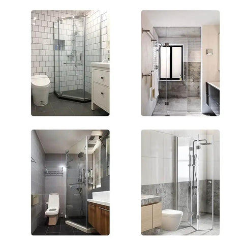 Beefy Adjustable Shower Door Hinges 90 135 180 Degrees 304 Stainless Steel Brushed Finish Glass pivot brackets in modern bathrooms.