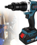 Portable Cordless Rivet Gun Brushless Electric Blind Riveter Kit With Two Batteries showing nut setter in use with 26V battery.