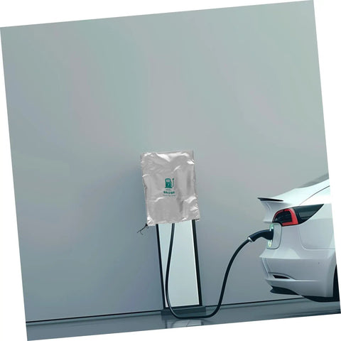 Rock Solid EV Wall Charger Cover Built To Crush Rain And UV Exposure Sleek Outdoor Shield on charger with vehicle.