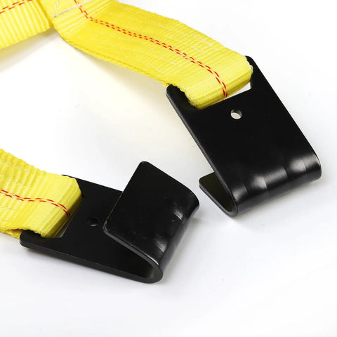 Heavy Duty Tow Dolly Basket Straps Two Pack With Flat Steel Hooks, yellow polyester strap ends with black metal hooks.