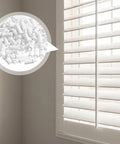 100 Count White Spring Loaded Shutter Pins Quick Snap Hardware For Plantation Window Shades displayed with blinds.