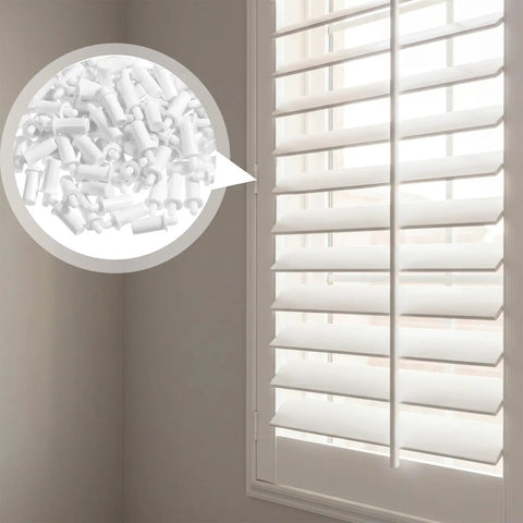 100 Count White Spring Loaded Shutter Pins Quick Snap Hardware For Plantation Window Shades displayed with blinds.
