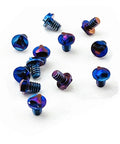 Twelve Piece Blue And Purple Titanium Triangle Screw Kit For Microtech Utx 85 And Ultratech Otf Knife Rigs arranged view with various screws.
