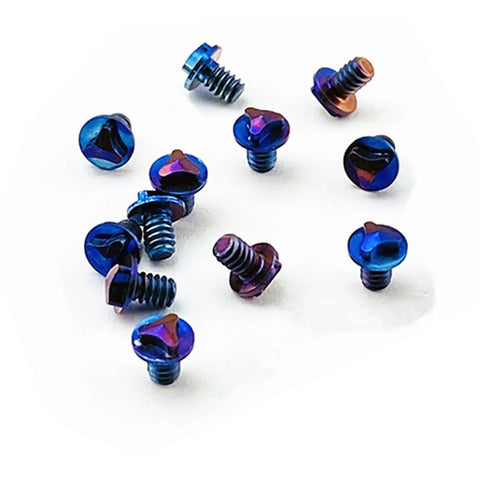 Twelve Piece Blue And Purple Titanium Triangle Screw Kit For Microtech Utx 85 And Ultratech Otf Knife Rigs arranged view with various screws.