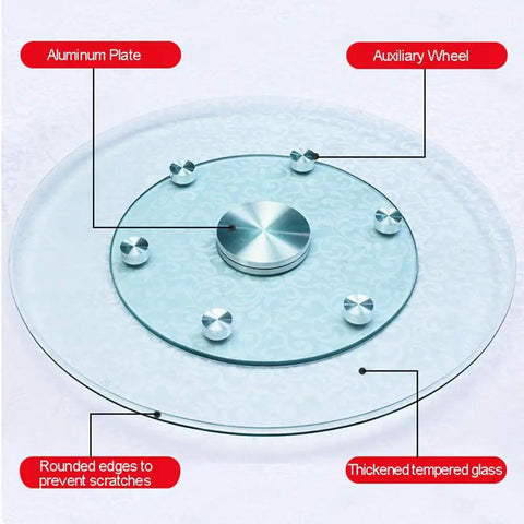 Heavy Duty Tempered Glass Lazy Susan Turntable With Large Rotating Serving Tray And 360 Degree Smooth Spin Anti Collision Edge Built Solid For A Total Game Changer Kitchen Table Setup showing aluminum plate, rounded edges, and auxiliary wheel.