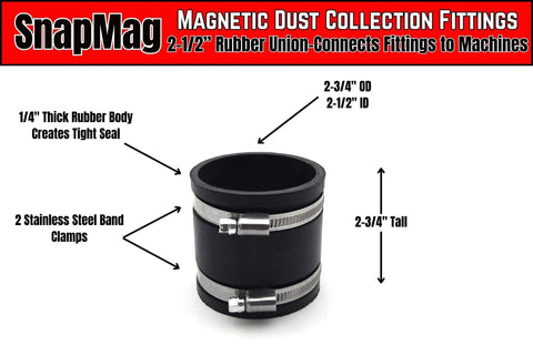 SnapMag 10 Piece Magnetic Dust Collection Starter Kit For Four Inch Hoses And Ports Quick Connect Dust Collector System With Powerful Rare Earth Magnets Tool Plates Rubber Unions And Hose Clamps featuring a rubber union connector fitting.