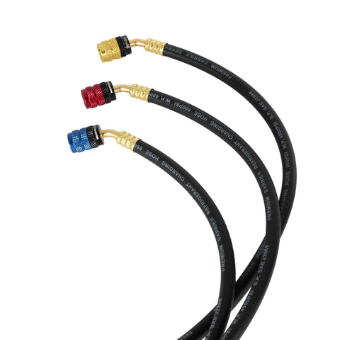 36 Inch Easy Seal Hvac Refrigerant Charging Hose With 1 4 And 5 16 Sae Fittings, featuring brass couplings, ideal for mini split AC service.
