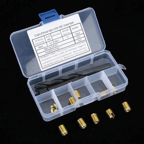 12 Piece Thread Repair Kit M6x1 Self Thread Inserts With Drill Bit And Installation Tool For Damaged Threads No Tap Needed Quick Fix For Bad Threads And Solid Screw Retention. Open case with M6x1 brass inserts and drill bit for thread repair