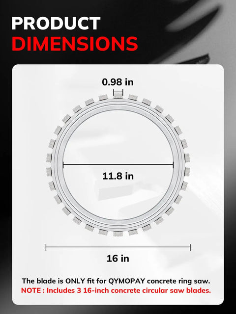 Product dimensions of Pro Level 16 Inch Electric Concrete Ring Saw showing 16-inch blade size and 0.98-inch core depth.