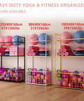 No Sweat Heavy Duty Metal Yoga Mat Storage Rack And Commercial Floor Standing Gym Organizer Shelf displaying various colors and sizes of gym equipment.