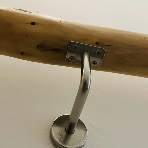 Rock Solid Adjustable Rustic Wood Handrail With No Sweat Mount Bracket And Anti Skid Surface Lifetime Indoor Wall Grip For Stairs Hallway Senior Safety No Fuss Villa Loft Corridor Ramp Support Bar close-up of metal bracket and wooden grip