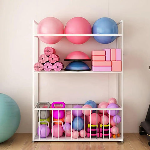No Sweat Heavy Duty Metal Yoga Mat Storage Rack And Commercial Floor Standing Gym Organizer Shelf with fitness balls and mats.