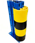 Built Tough Bully Proof Heavy Duty Pallet Rack Protectors Forklift Bumper Guards For Warehouse Columns Shock Absorbing Upright Shields in yellow and black.
