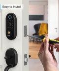 Slick Bluetooth Smart Deadbolt Featuring Quick Fingerprint Access And Touchscreen Keypad Plus Remote App Monitoring For Hassle Free Home Security Setup Black installation process on a white door.