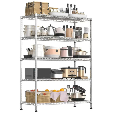 Heavy Duty 5 Tier Chrome Wire Shelving Rack Extra Tough Steel Storage Shelf Built Like A Tank Rust Resistant Pantry Organizer 48 Inch Wide 350 Pound Capacity with kitchen appliances and baskets.