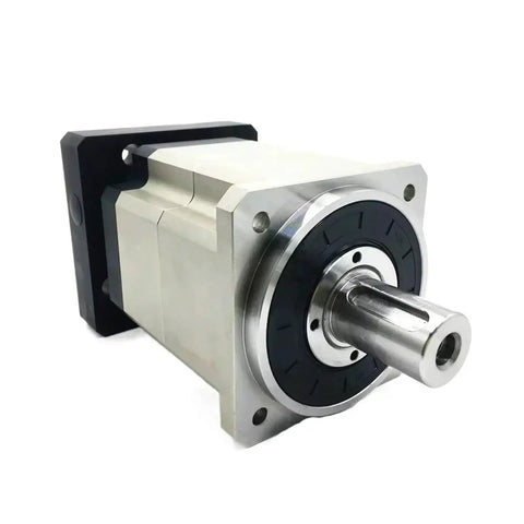 Beefed Up Helical Planetary Gearbox Motor Reducer For Nema 42 And 52 Stepper Motors Bringing Smooth Rolling Performance With A Tight 35 To 1 Ratio For Your Next Automation Rig, showcasing a metallic motor with a black mounting plate.