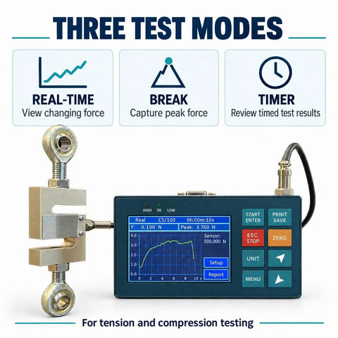 Hella Accurate Digital Dynamometer Force Gauge Remote S Beam Load Cell with touchscreen display and test modes.