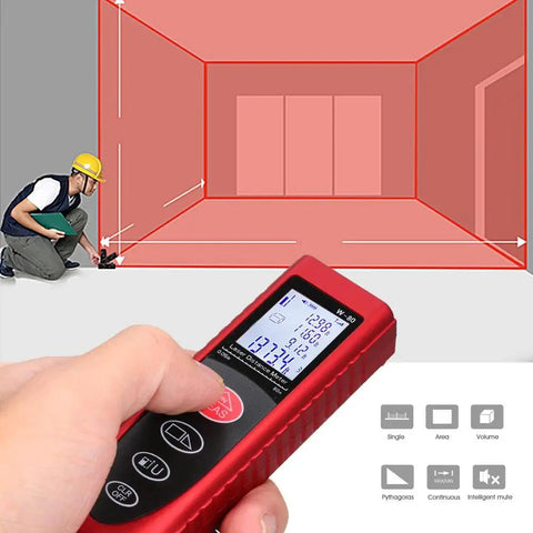 Heavy Duty Laser Distance Meter With Eighty Meter Reach Featuring Mute Mode Sleek Backlit Screen in use for room measurements.