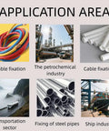 Image showing applications for cables, petrochemical industry, steel pipes, and shipping with related visuals.
