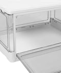 Clear Stackable Storage Bins With Transparent Slide Front Doors, close-up of interior compartments, white and clear plastic design.