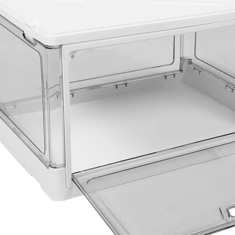 Clear Stackable Storage Bins With Transparent Slide Front Doors, close-up of interior compartments, white and clear plastic design.