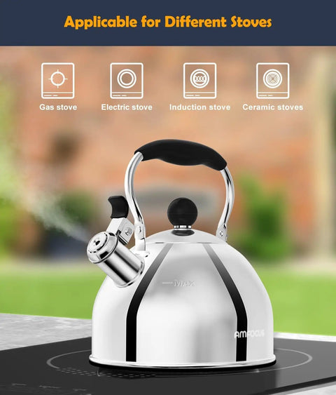 Stainless Steel 2 Quart Whistling Tea Kettle For Stovetop With Ergonomic Folding Handle Small Teapot Water Boiler For Tea Or Coffee Loud Whistle Durable Silver Teakettle Perfect For Quick Boil on an induction stove