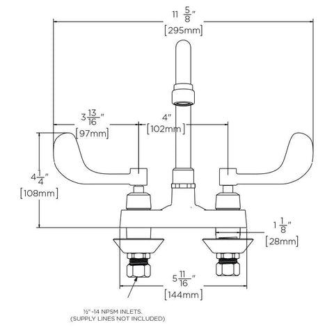 Technical diagram of Commander Centerset Bathroom Faucet With 4-Inch Wrist Blade Handles In Chrome, 0.5 GPM Flow, solid brass.