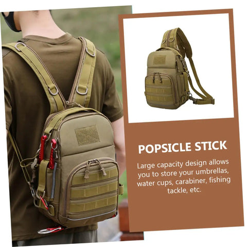 Person wearing Camouflage Oxford Cloth Outdoor Fishing Backpack With Large Capacity Tactical Hiking Daypack For Men Women And Boys