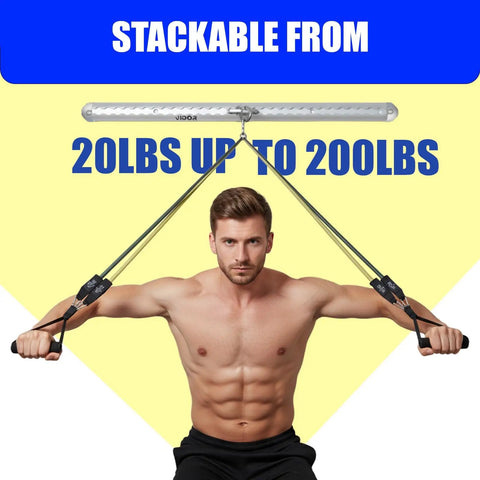 Hella Durable Resistance Band Wall Mount Rack With Two Sturdy Aluminum Brackets And Five Thick Elastic Cords For Killer Home Gym Pulley Training Sessions, shown with adjustable stackable weight from 20 to 200 lbs.