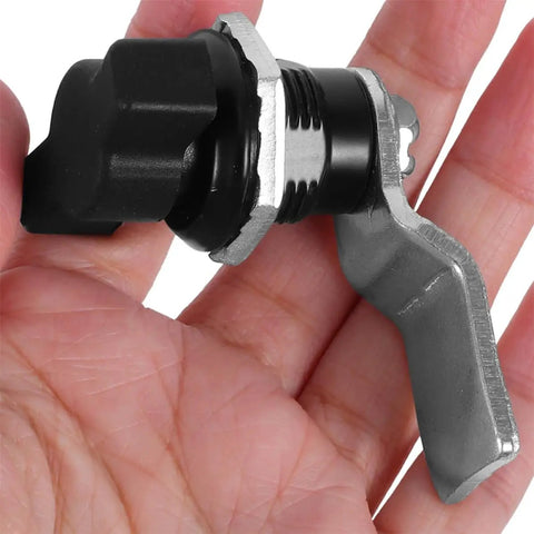 Person holding a Three Piece T Handle Lock Set For Tool Boxes And Cabinet Doors Weatherproof ABS And Metal Cam Latch component