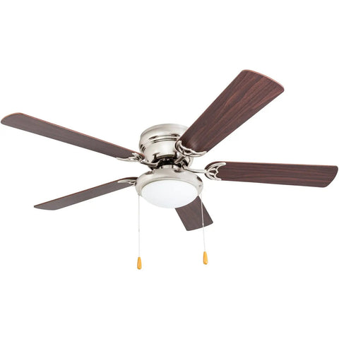 Low Ceiling Friendly Hugger 52 Inch White Ceiling Fan With Bowl Light Kit, Frosted Light, dual finish blades visible.