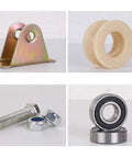 Heavy Duty U Channel Sliding Gate Rollers With Precision Nylon Bearings Rock Smooth Glide Build For Inverted Track Doors And Shop Equipment Built Tough For Hassle Free Sliding And Zero Vibration 4 Inch 2 Pack components including nylon roller, steel bracket, bolt, and bearings.