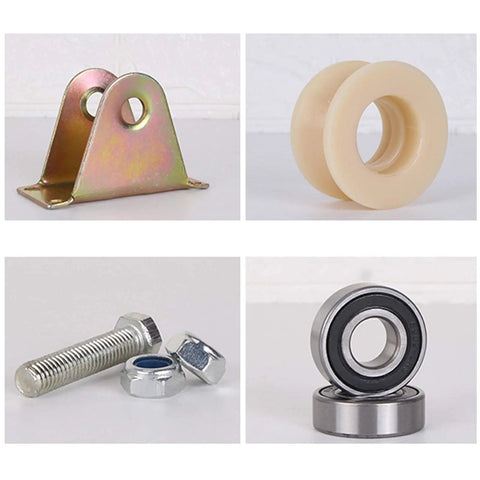 Heavy Duty U Channel Sliding Gate Rollers With Precision Nylon Bearings Rock Smooth Glide Build For Inverted Track Doors And Shop Equipment Built Tough For Hassle Free Sliding And Zero Vibration 4 Inch 2 Pack components including nylon roller, steel bracket, bolt, and bearings.