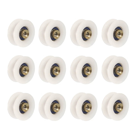 Premium Nylon Pulley Wheel Rollers 12 Pack For 5Mm Rope Cables, white nylon with gold center, perfect for DIY projects.