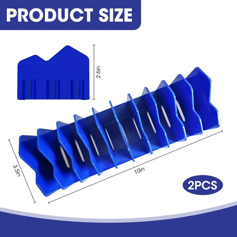 2 Pack Pliers Organizer Rack with Nonslip Base, 10 Slot Drawer Plier Tray, dimensions shown, blue color