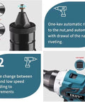 Cordless Rivet Gun With Brushless Motor Beast Mode For Quick M3 To M12 Rivet Nut Sets On Steel Aluminum And Stainless Steel With Six Attachments showing automatic riveting functionality.